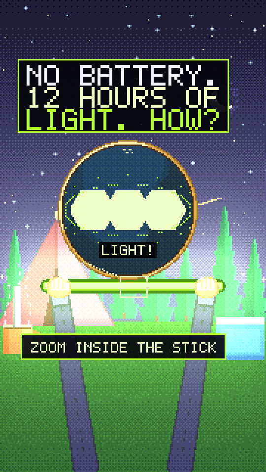 Pixel-art frame from The glow stick: a lit stick at a night camp